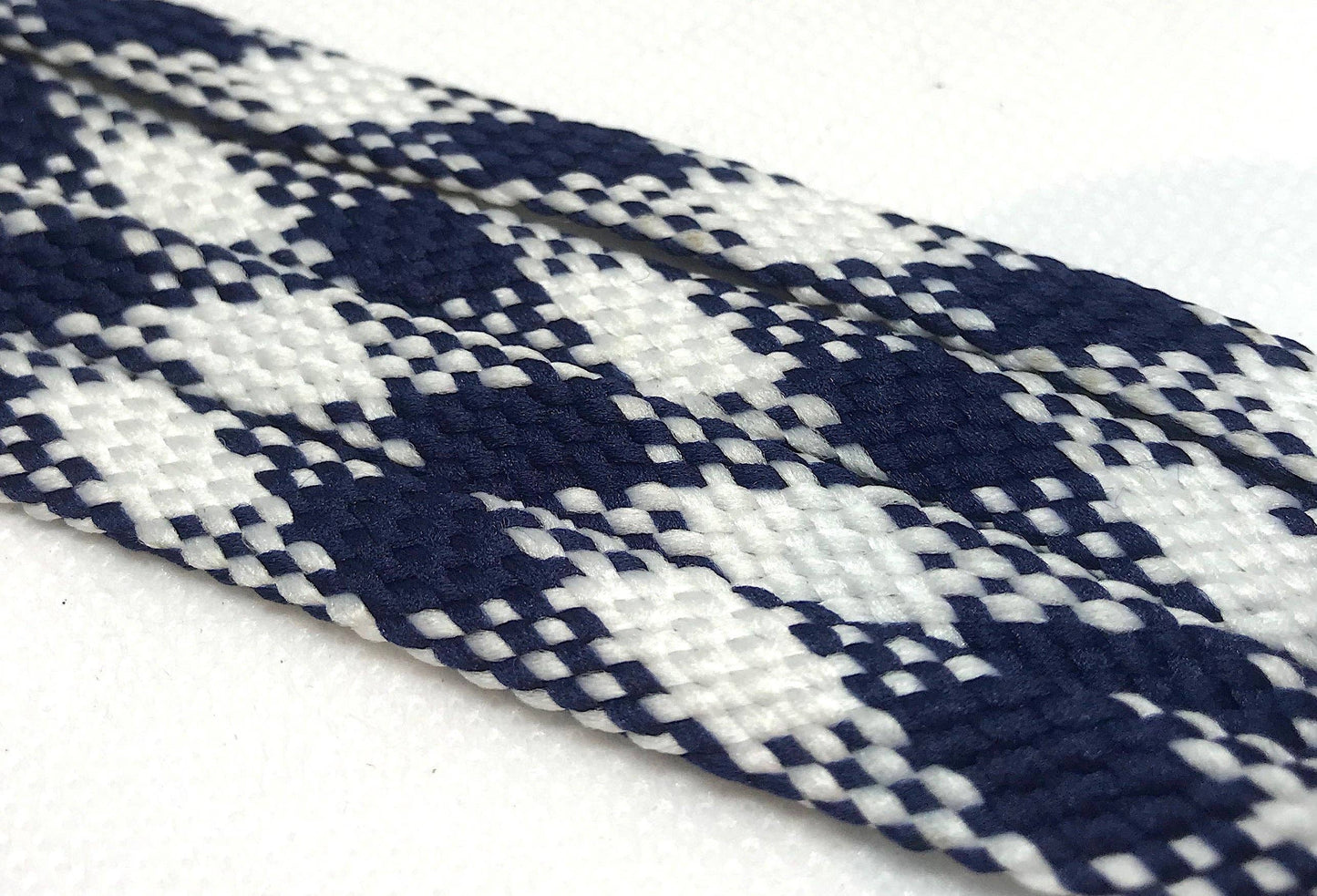 Navy Blue and White Plaid Flat Shoelaces